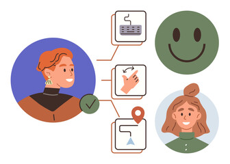 Person interacting with UI features, including keyboard, map pin, and gesture icons, alongside a smiling face and avatar. Ideal for UX design, communication, e-learning, teamwork guidance
