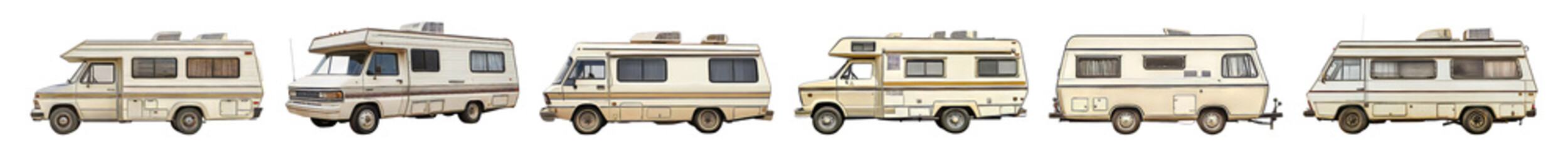 Collection of Vintage RVs and Campers in Various Angles and Styles Isolated Transparent Background