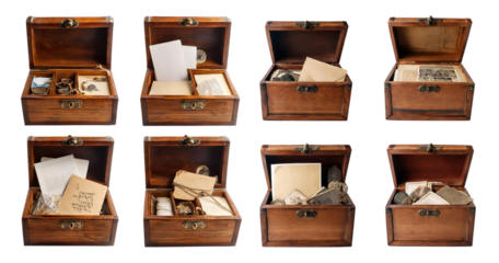 Vintage wooden boxes with assorted nostalgic items and documents, PNG bundle collection, Isolated on Transparent Background