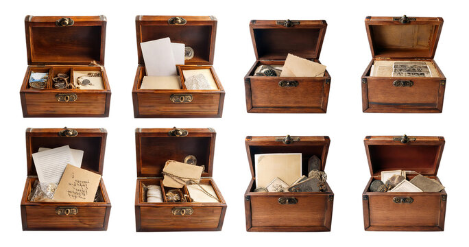 Vintage wooden boxes with assorted nostalgic items and documents, PNG bundle collection, Isolated on Transparent Background