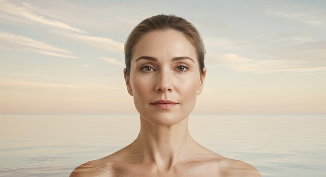 Calm Woman with Smooth Skin Standing by the Ocean at Sunset