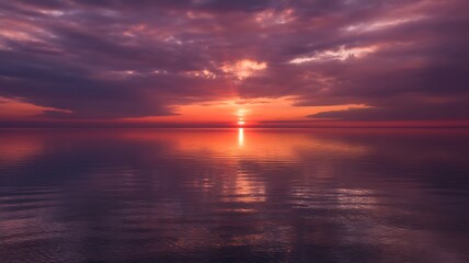 Fototapeta premium Dramatic Sunset Over Calm Ocean with Reflective Water and Purple Clouds image photo