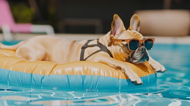 Cool Canine: A French bulldog, with its stylish sunglasses, basks in the sun on a pool inflatable, embodying the ultimate relaxation. 