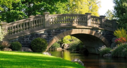 Stone Bridge Over Stream in Lush Green Park.