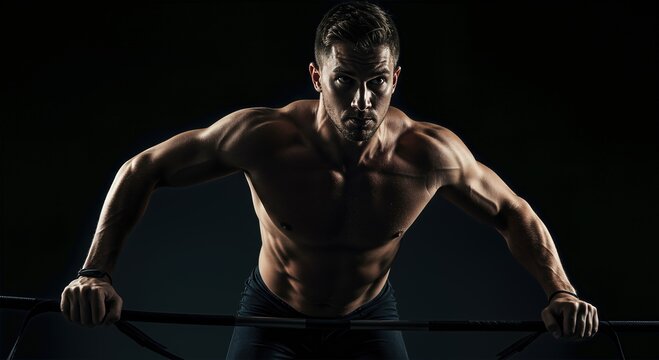 Muscular Man Holding Fitness Suspension Straps Workout