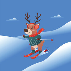 Cute Reindeer Skiing in Winter – Flat Vector Cartoon Illustration