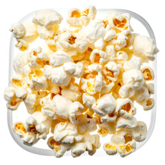 Overhead shot of fluffy, buttered popcorn filling a square frame, bright and appetizing