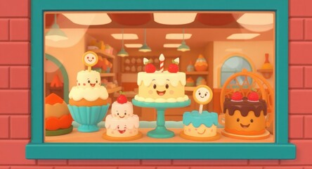 Fototapeta premium Sweet Cakes Displayed in Bakery Window.