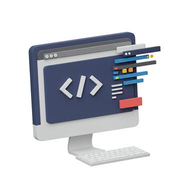 3D Rendering of a Desktop Computer Displaying Code Snippets on a Transparent Background