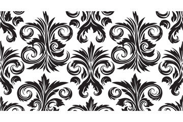 Seamless damask pattern with ornate swirls and floral elements, isolated on transparent background