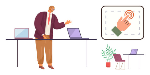 Male professional presenting at laptop, large desk, chairs, potted plant. Touchscreen interaction as focus. Ideal for business, technology, innovation, education workplace remote work simple flat