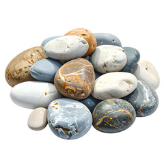 A heap of smooth, colorful river rocks, each different in shape and hue