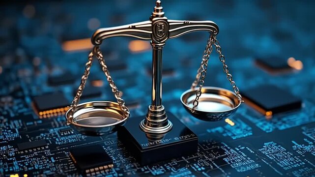 Scales of justice resting on a computer circuit board showcasing digital law concepts