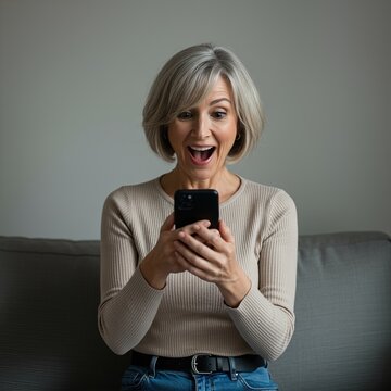Excited Middle-Aged Woman Looking at Smartphone on Couch