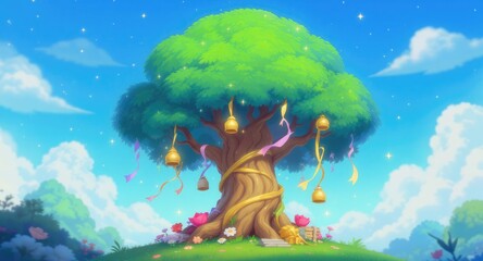 Vibrant Fantasy Tree with Glowing Orbs and Flowers.