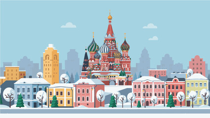 Old Russian City with Orthodox Cathedral and Winter Landscape