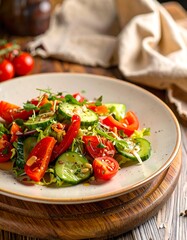 Fresh mixed salad with tomatoes, cucumbers, and greens on a plate