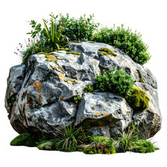Large, weathered rock formation adorned with lush green plants, moss, and small flowers