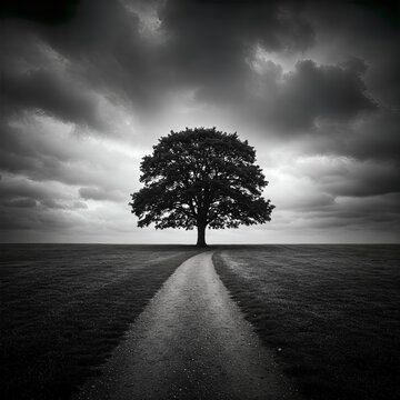 Solitary Tree at End of Path Under Moody Cloudy Sky Black and White