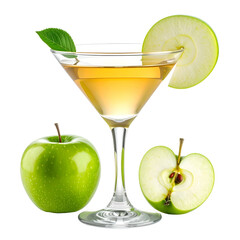 A refreshing green apple cocktail in a martini glass with whole and sliced apples