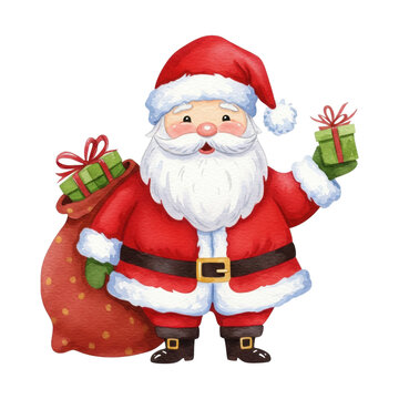 Watercolor Santa Claus with Gift Bag and Present PNG