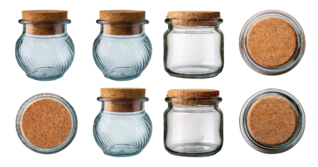 Various Glass Jars with Cork Lids on a White Background, PNG bundle collection, Isolated on Transparent Background