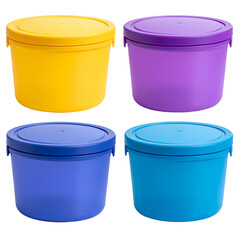 Four brightly colored, round, plastic containers with snap-on lids, arranged in a square