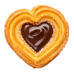 A heart-shaped pastry, filled with chocolate, sprinkled with sugar, isolated on black