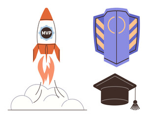 Rocket launching with MVP logo, shield symbolizing security, and graduation cap denoting academic achievement. Ideal for innovation, progress, education, security, leadership, success startup