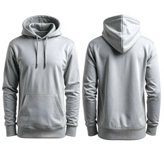 A front and back view of a light gray hooded sweatshirt, isolated on a black background