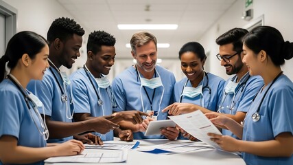 Medical Team Collaboration: A diverse team of doctors and nurses review patient data and treatment plans in a brightly lit hospital corridor, ensuring quality care.