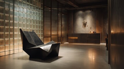 A brutalist-inspired studio with a statement chair made of folded steel, its sharp edges softened by ambient lighting.