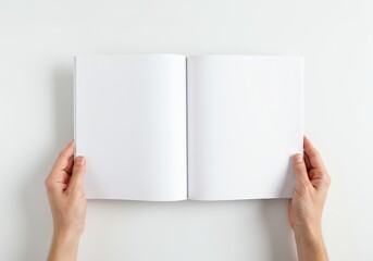 Hands hold an open blank book against a white background.
