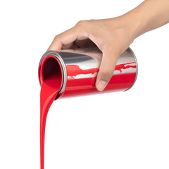 Hand tilting paint can, vibrant red liquid flowing out against a transparent backdrop