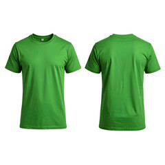 Front and back view of a plain, short-sleeved green t-shirt against a black background