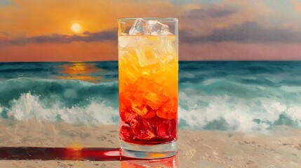 Tequila Sunrise Cocktail on Beach at Sunset