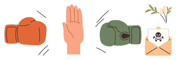 Red and green boxing gloves, open hand signaling stop, and an envelope with a flower symbolizing peace. Ideal for conflict, communication, negotiation, aggression, peace-building, resolution