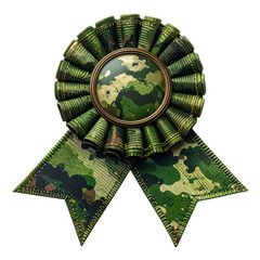 Camouflage rosette award with ribbons and a central patterned circle, on black background