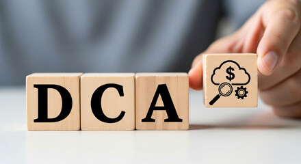 Naklejka premium DCA wooden block concept. A wooden block displays the letters 