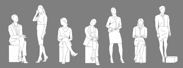 Set of executive women standing and sitting, front view of CAD drawings for architectural models and illustrations, editable line vector