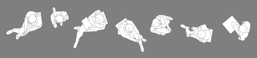 Top view of women silhouettes, business people standing and sitting, set of workers in different angles, editable line vector