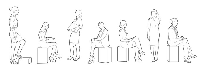 set of working women in formal wear in side views editable vector illustration