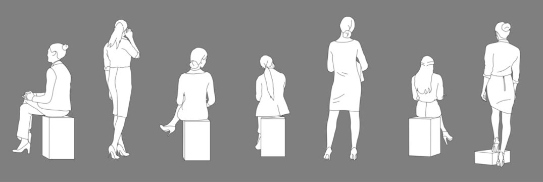 Set of executive women standing and sitting, back view from CAD drawings for architectural models and illustrations, editable line vector