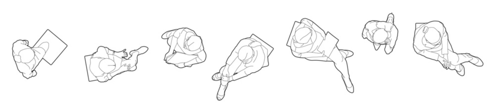 CAD drawings. Set of women outlines isolated on light background. Sitting, walking, running. Top view. Vector illustration.