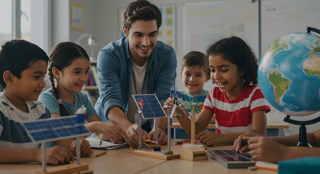 Teacher assisting students with solar panel project in classroom with globe and natural light