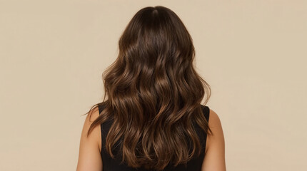 Fototapeta premium Beautiful brunette model showing her luxurious, shiny, wavy, dark brown hair, styled in loose waves and curls, back view