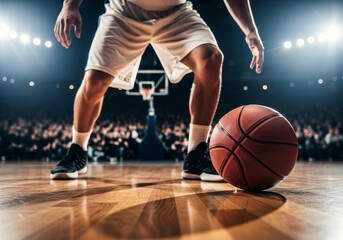 Naklejka premium Basketball player in action on the court, African American, blurred background, with copy space