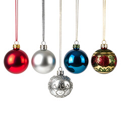 Five ornate spheres, strung from ribbon, hanging against a stark black background
