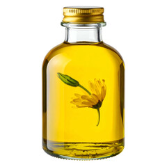 Small glass bottle filled with golden liquid and a yellow flower. Cap is golden