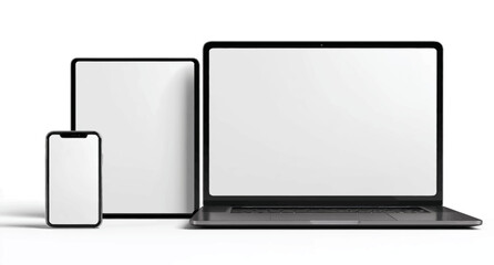 A collection of electronic devices, including a laptop, tablet, and smartphone, are on display